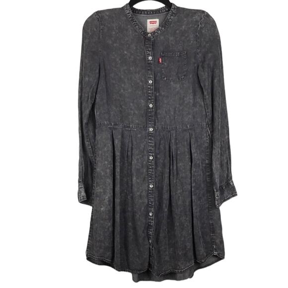 Levi's Chambray Denim Button Up Shirtwaist Dress Black Stone Wash Girls Sz Large - Picture 1 of 10